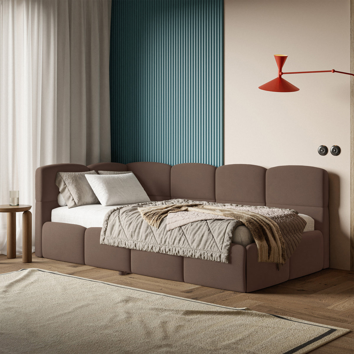 Jugendbett 90x200 cm Cloudy, ausziehbar, linksseitig, mit Matratzen, brauner Velours, wasserabweisend und pflegeleicht