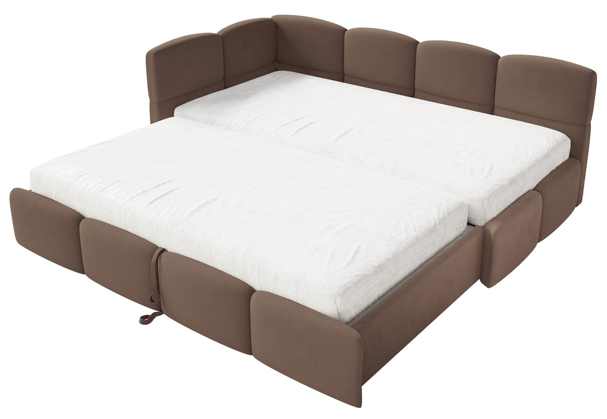 Jugendbett 90x200 cm Cloudy, ausziehbar, linksseitig, mit Matratzen, brauner Velours, wasserabweisend und pflegeleicht