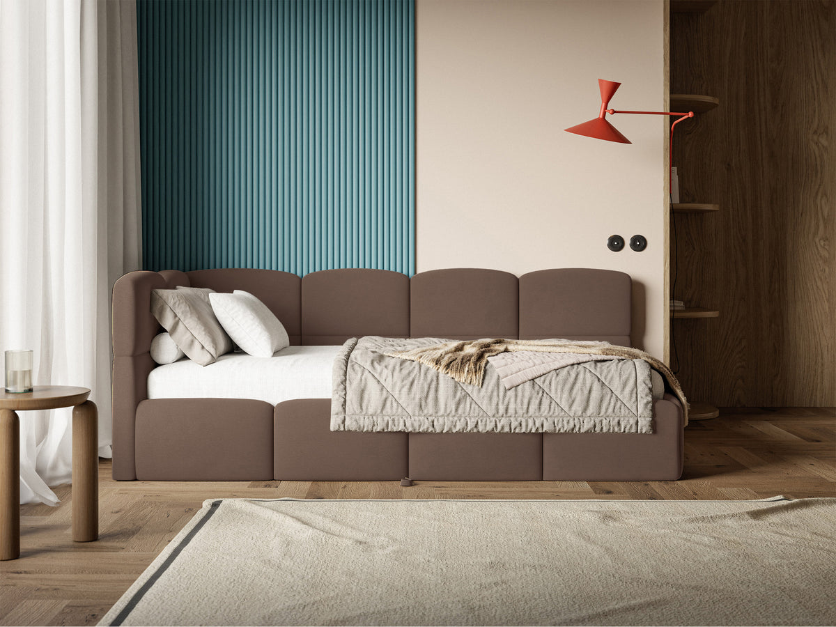 Jugendbett 90x200 cm Cloudy, ausziehbar, linksseitig, mit Matratzen, brauner Velours, wasserabweisend und pflegeleicht