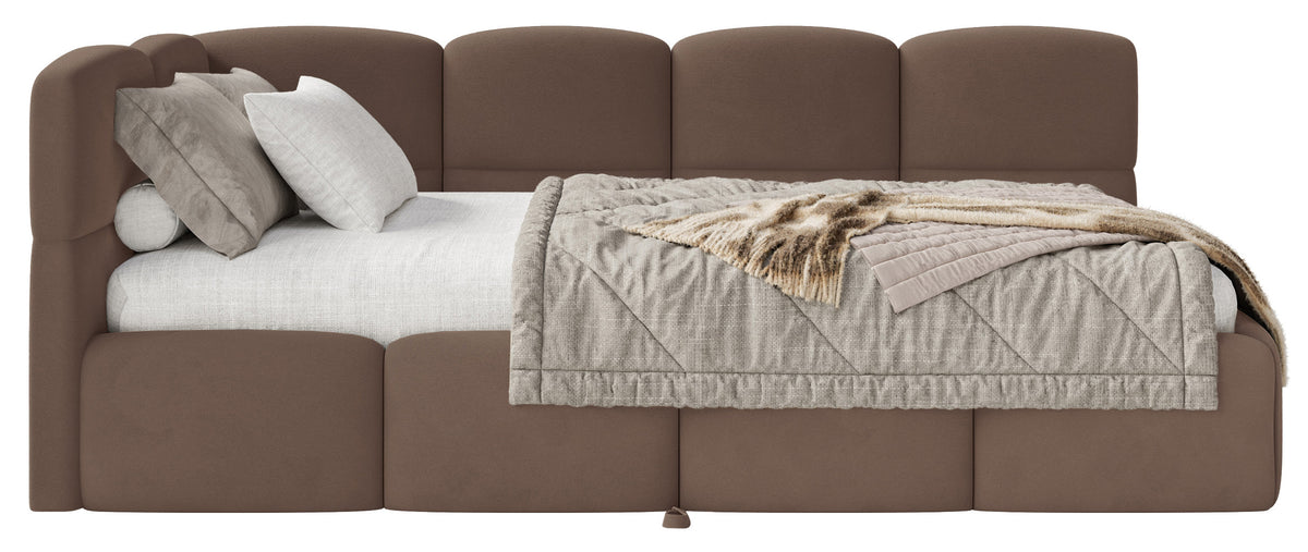 Jugendbett 90x200 cm Cloudy, ausziehbar, linksseitig, mit Matratzen, brauner Velours, wasserabweisend und pflegeleicht