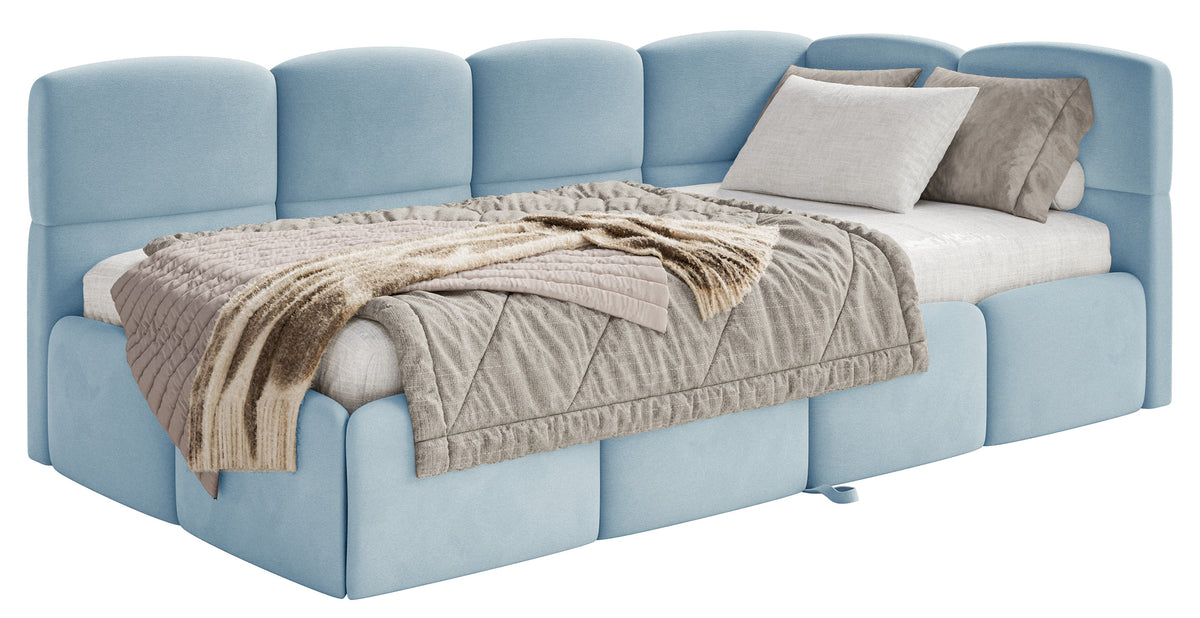 Jugendbett 90x200 cm Cloudy, rechts ausziehbar, mit Matratzen, hellblauer Velours, wasserabweisend und pflegeleicht