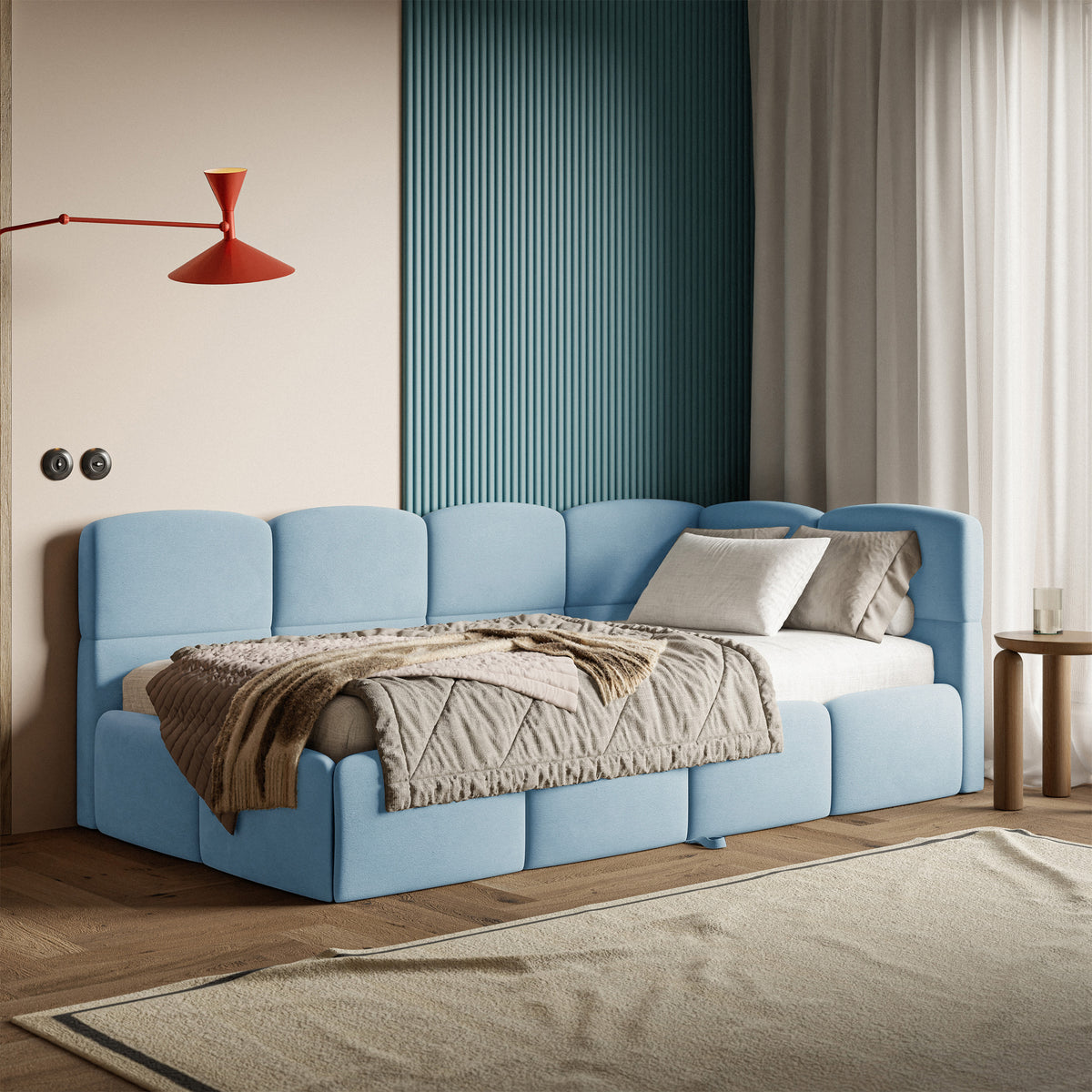 Jugendbett 90x200 cm Cloudy, rechts ausziehbar, mit Matratzen, hellblauer Velours, wasserabweisend und pflegeleicht