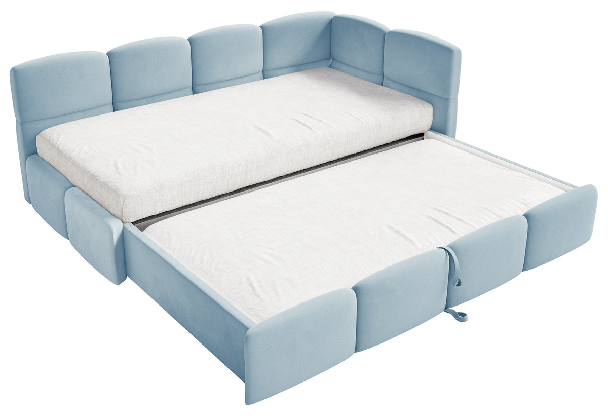 Jugendbett 90x200 cm Cloudy, rechts ausziehbar, mit Matratzen, hellblauer Velours, wasserabweisend und pflegeleicht
