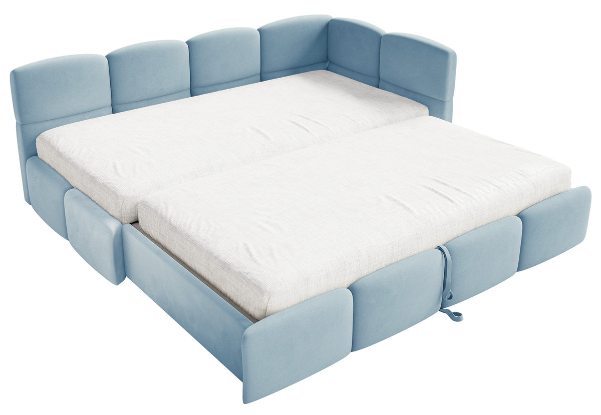 Jugendbett 90x200 cm Cloudy, rechts ausziehbar, mit Matratzen, hellblauer Velours, wasserabweisend und pflegeleicht
