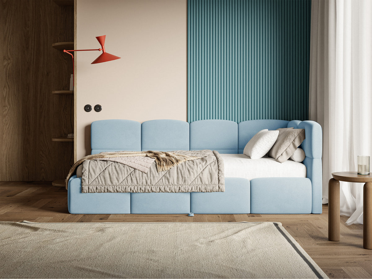Jugendbett 90x200 cm Cloudy, rechts ausziehbar, mit Matratzen, hellblauer Velours, wasserabweisend und pflegeleicht