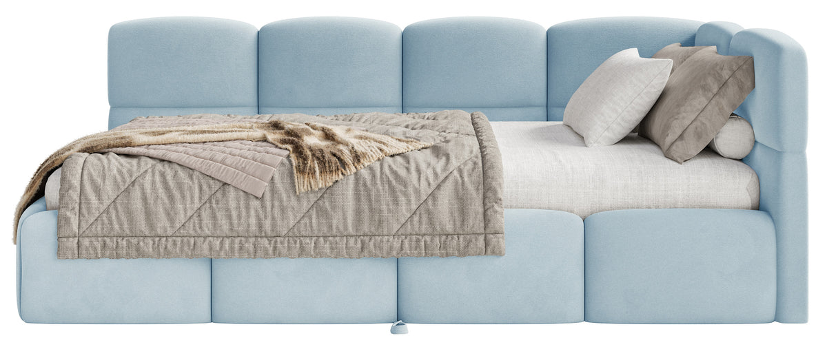 Jugendbett 90x200 cm Cloudy, rechts ausziehbar, mit Matratzen, hellblauer Velours, wasserabweisend und pflegeleicht