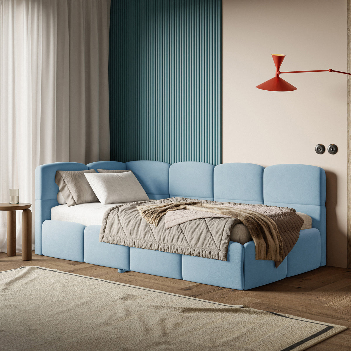 Jugendbett 90x200 cm Cloudy, ausziehbar, linksseitig, mit Matratzen, hellblauer Velours, wasserabweisend und pflegeleicht
