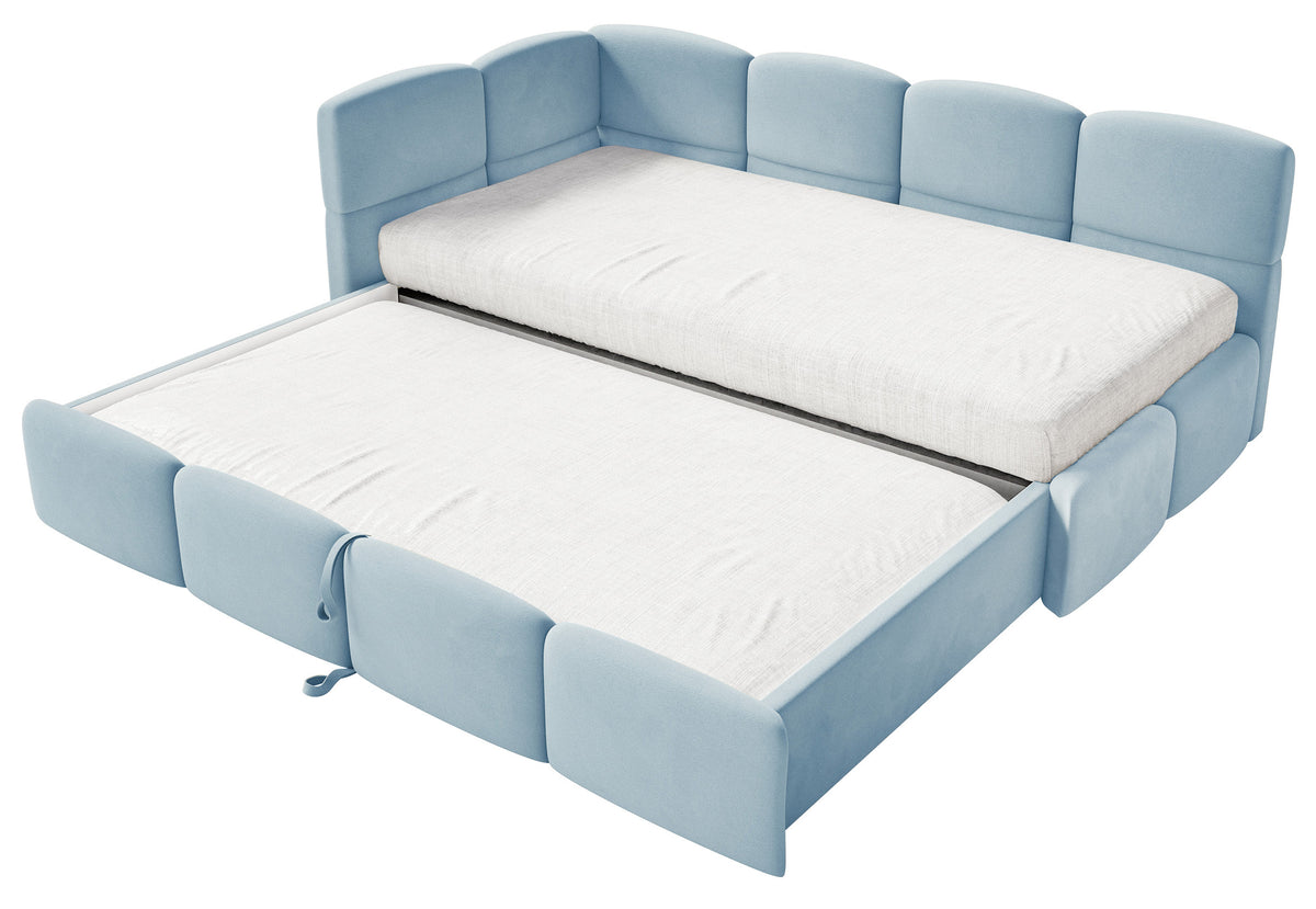 Jugendbett 90x200 cm Cloudy, ausziehbar, linksseitig, mit Matratzen, hellblauer Velours, wasserabweisend und pflegeleicht