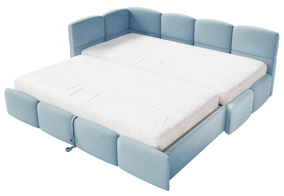Jugendbett 90x200 cm Cloudy, ausziehbar, linksseitig, mit Matratzen, hellblauer Velours, wasserabweisend und pflegeleicht