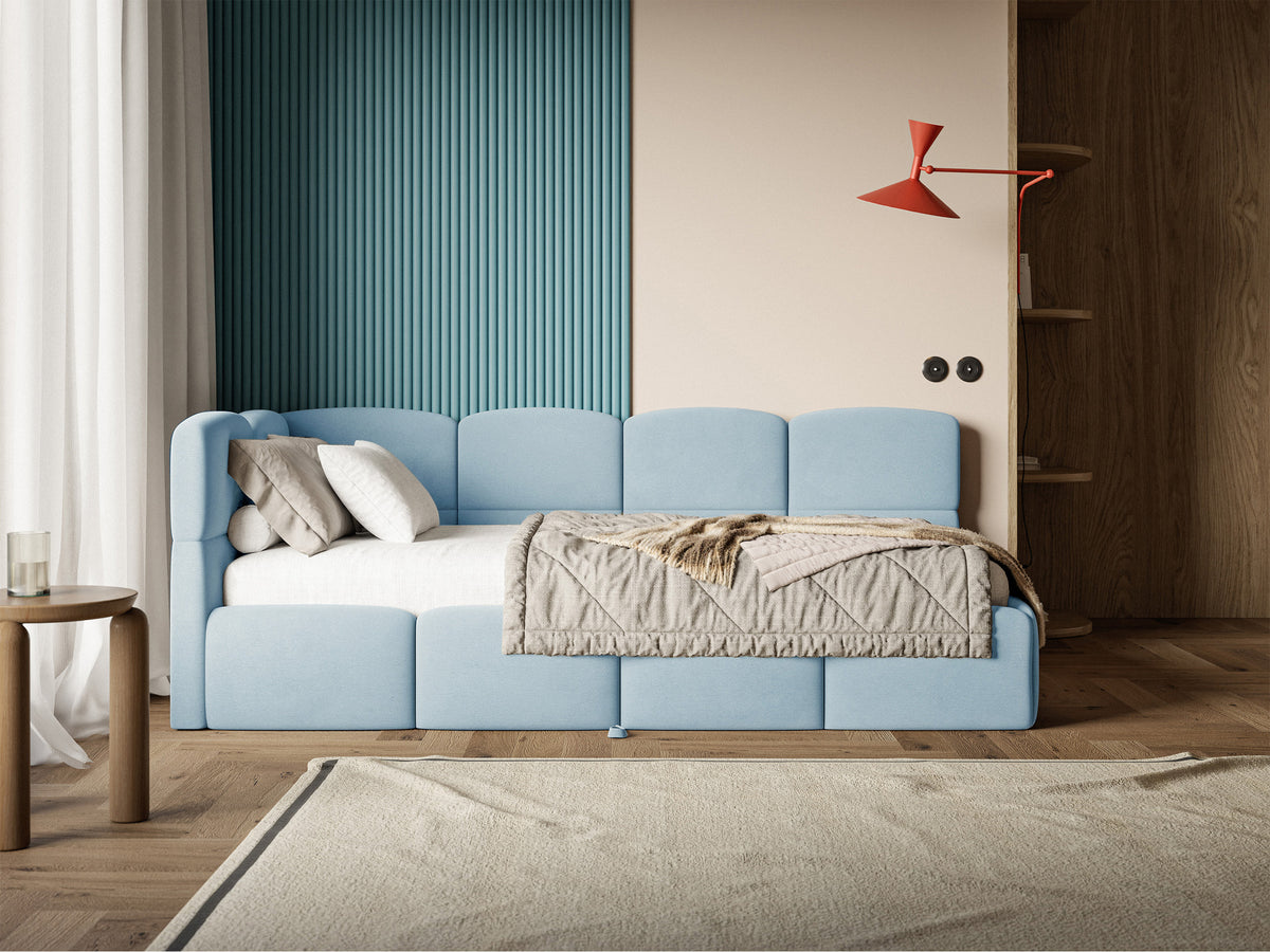 Jugendbett 90x200 cm Cloudy, ausziehbar, linksseitig, mit Matratzen, hellblauer Velours, wasserabweisend und pflegeleicht