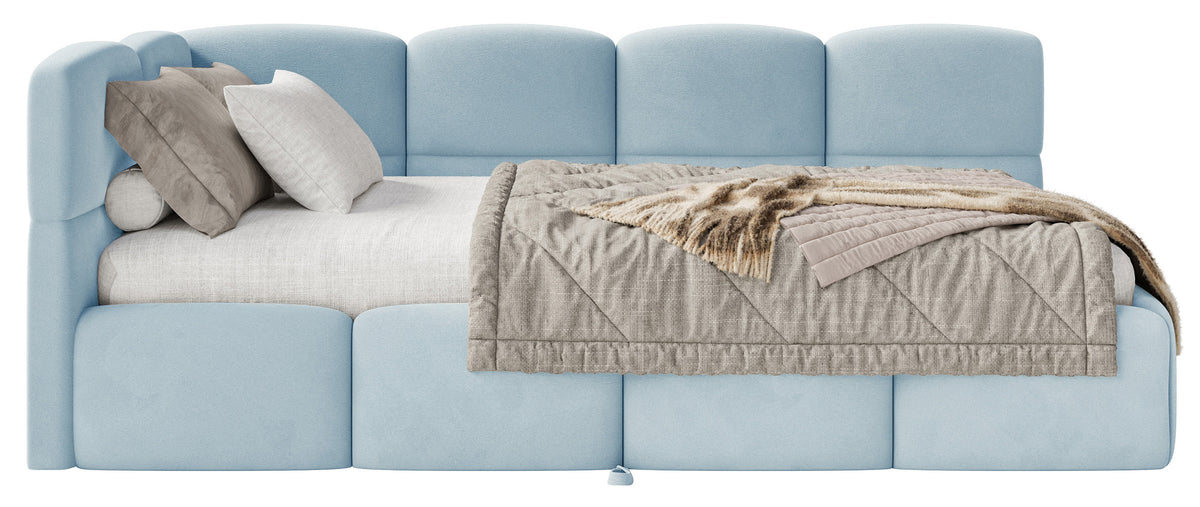 Jugendbett 90x200 cm Cloudy, ausziehbar, linksseitig, mit Matratzen, hellblauer Velours, wasserabweisend und pflegeleicht
