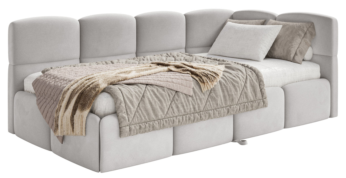 Jugendbett 90x200 cm Cloudy, rechtsseitig ausziehbar, mit Matratzen, hellgrauer Velours, wasserabweisend und pflegeleicht
