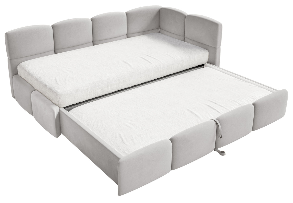 Jugendbett 90x200 cm Cloudy, rechtsseitig ausziehbar, mit Matratzen, hellgrauer Velours, wasserabweisend und pflegeleicht