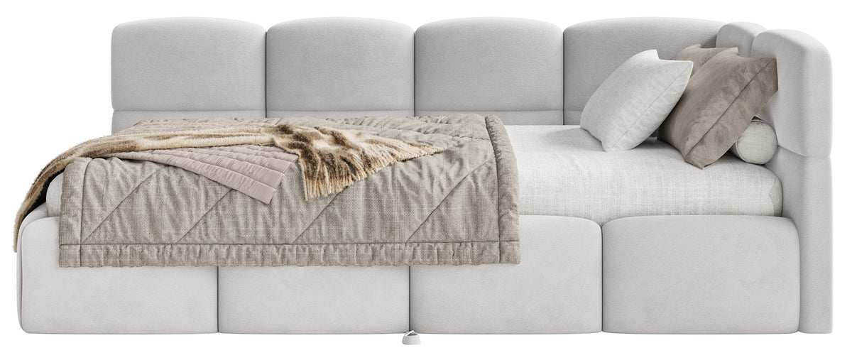 Jugendbett 90x200 cm Cloudy, rechtsseitig ausziehbar, mit Matratzen, hellgrauer Velours, wasserabweisend und pflegeleicht