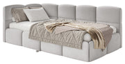 Jugendbett 90x200 cm Cloudy, linksseitig ausziehbar, mit Matratzen, hellgrauer Velours, wasserabweisend und pflegeleicht