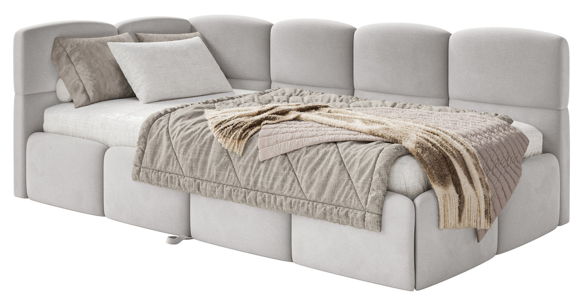 Jugendbett 90x200 cm Cloudy, linksseitig ausziehbar, mit Matratzen, hellgrauer Velours, wasserabweisend und pflegeleicht
