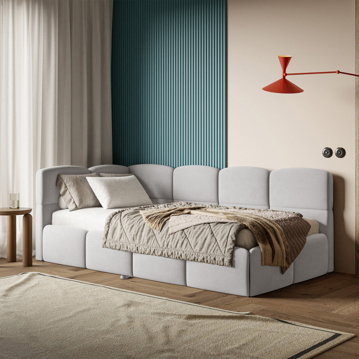 Jugendbett 90x200 cm Cloudy, linksseitig ausziehbar, mit Matratzen, hellgrauer Velours, wasserabweisend und pflegeleicht