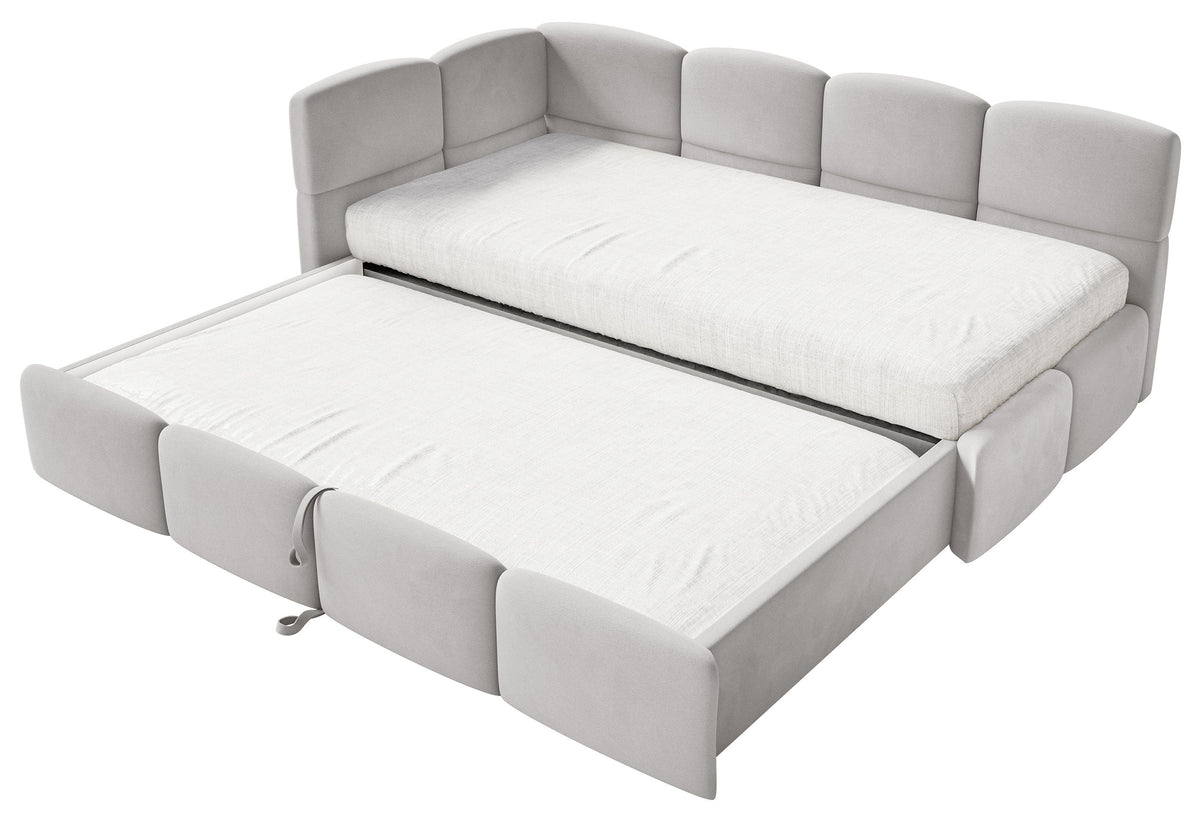 Jugendbett 90x200 cm Cloudy, linksseitig ausziehbar, mit Matratzen, hellgrauer Velours, wasserabweisend und pflegeleicht