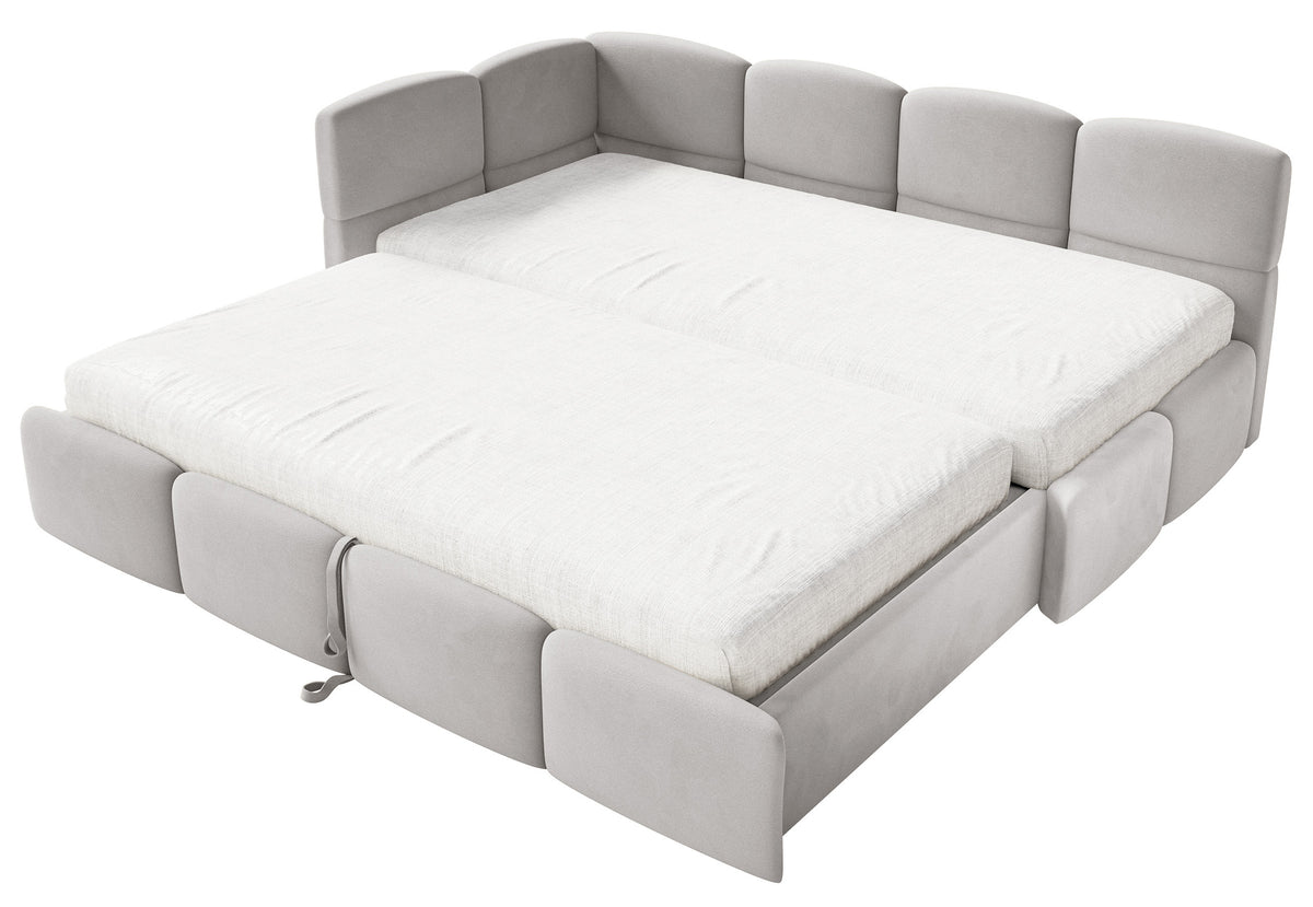 Jugendbett 90x200 cm Cloudy, linksseitig ausziehbar, mit Matratzen, hellgrauer Velours, wasserabweisend und pflegeleicht
