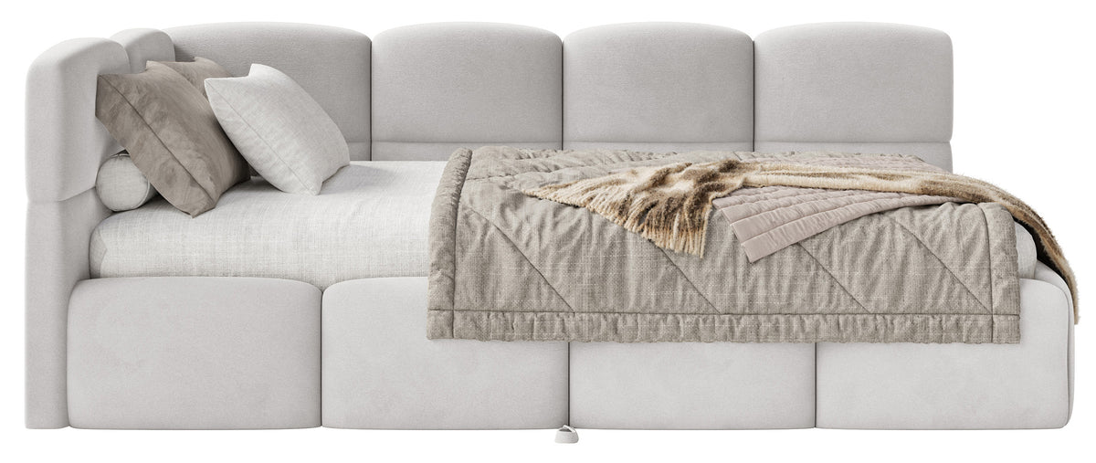 Jugendbett 90x200 cm Cloudy, linksseitig ausziehbar, mit Matratzen, hellgrauer Velours, wasserabweisend und pflegeleicht
