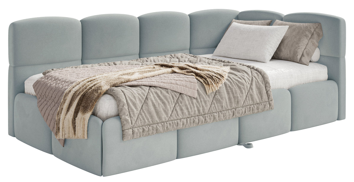 Jugendbett 90x200 cm Cloudy, rechtsseitig ausziehbar, mit Matratzen, grauer Velours, wasserabweisend und pflegeleicht