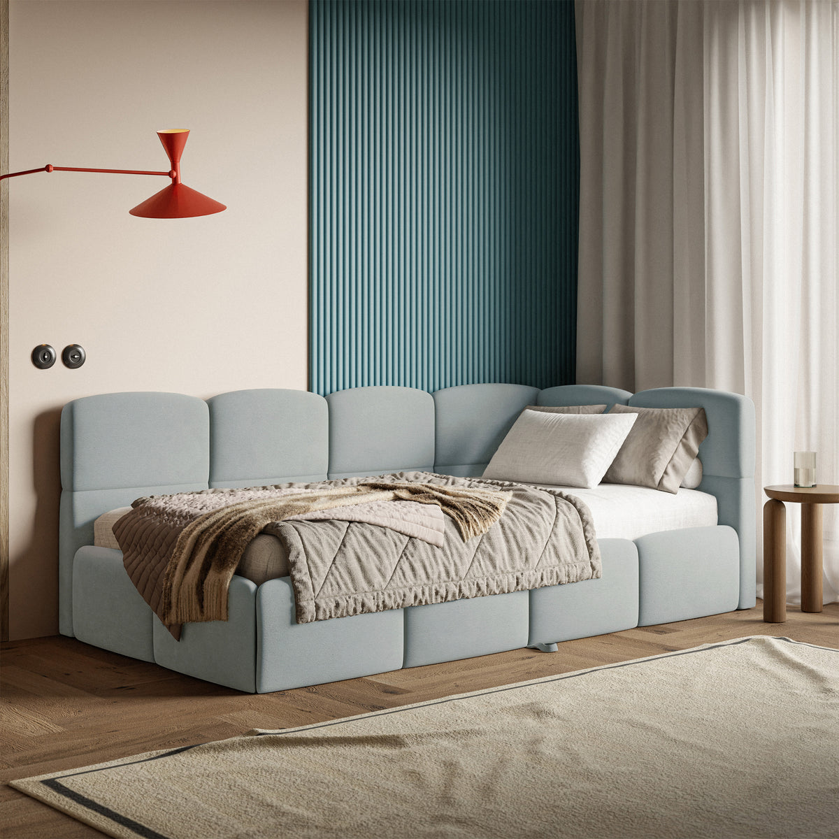 Jugendbett 90x200 cm Cloudy, rechtsseitig ausziehbar, mit Matratzen, grauer Velours, wasserabweisend und pflegeleicht