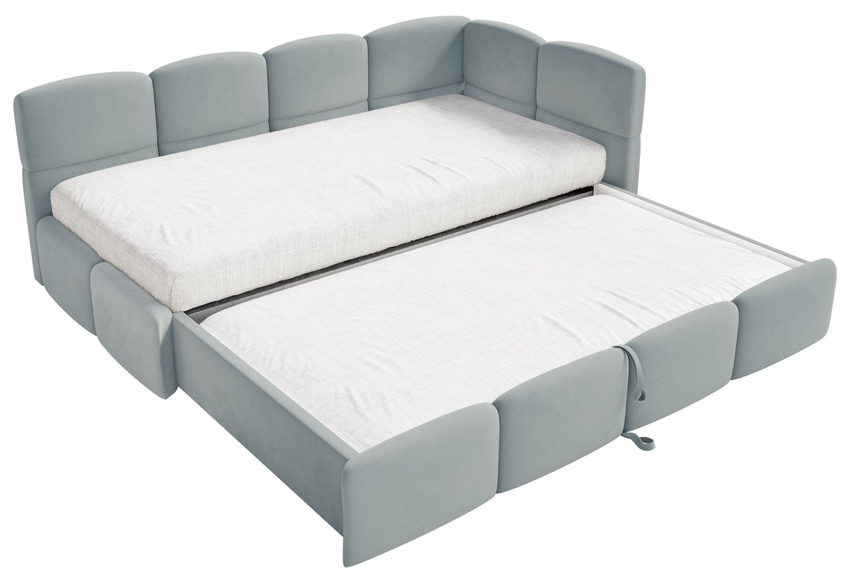 Jugendbett 90x200 cm Cloudy, rechtsseitig ausziehbar, mit Matratzen, grauer Velours, wasserabweisend und pflegeleicht