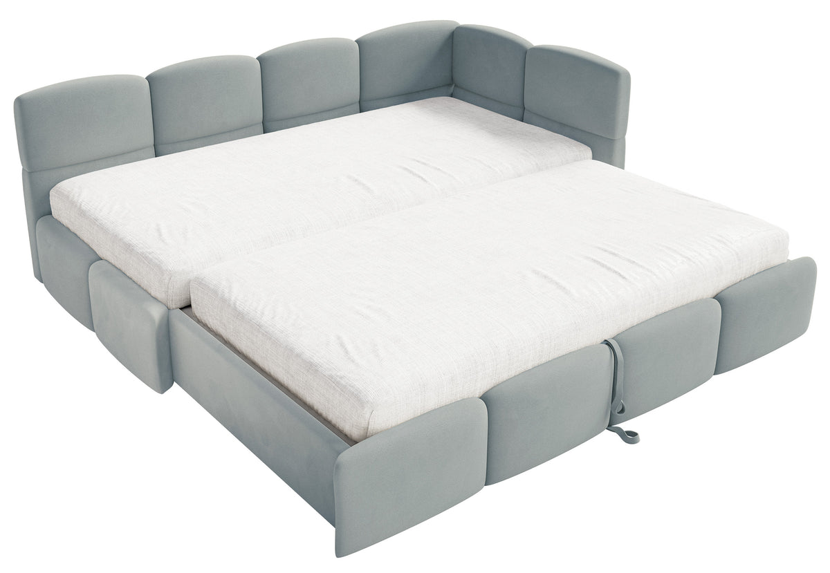Jugendbett 90x200 cm Cloudy, rechtsseitig ausziehbar, mit Matratzen, grauer Velours, wasserabweisend und pflegeleicht