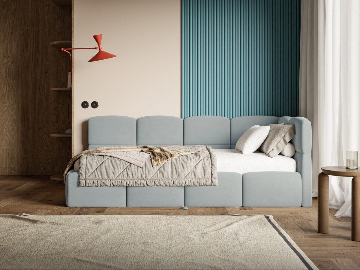 Jugendbett 90x200 cm Cloudy, rechtsseitig ausziehbar, mit Matratzen, grauer Velours, wasserabweisend und pflegeleicht