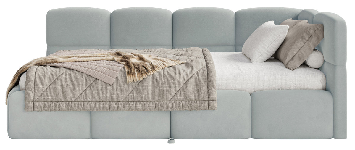 Jugendbett 90x200 cm Cloudy, rechtsseitig ausziehbar, mit Matratzen, grauer Velours, wasserabweisend und pflegeleicht