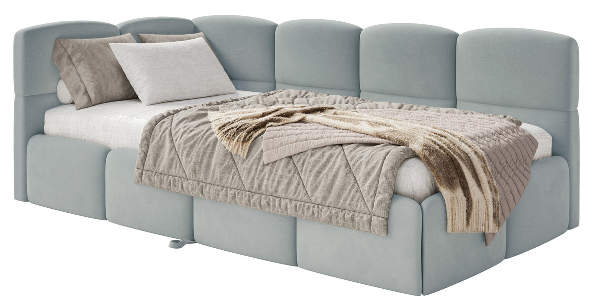 Jugendbett 90x200 cm Cloudy, links ausziehbar, mit Matratzen, grauer Velours, wasserabweisend und pflegeleicht