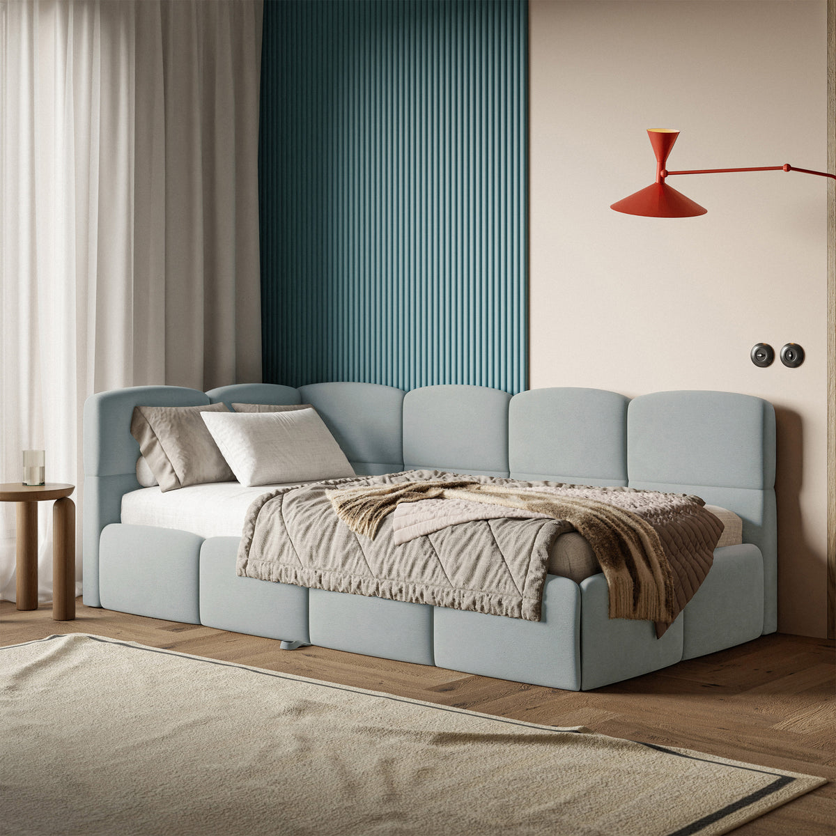 Jugendbett 90x200 cm Cloudy, links ausziehbar, mit Matratzen, grauer Velours, wasserabweisend und pflegeleicht