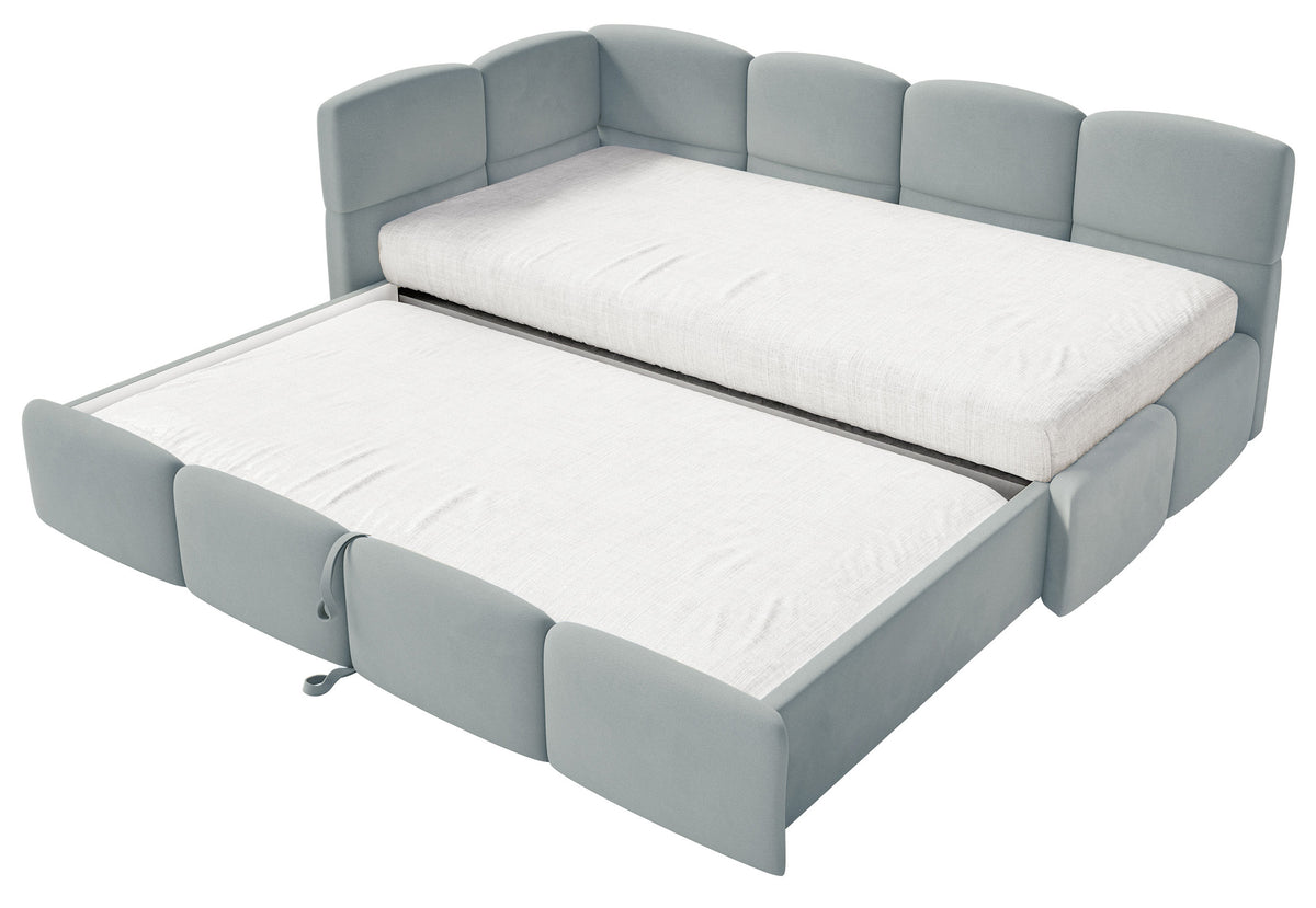 Jugendbett 90x200 cm Cloudy, links ausziehbar, mit Matratzen, grauer Velours, wasserabweisend und pflegeleicht