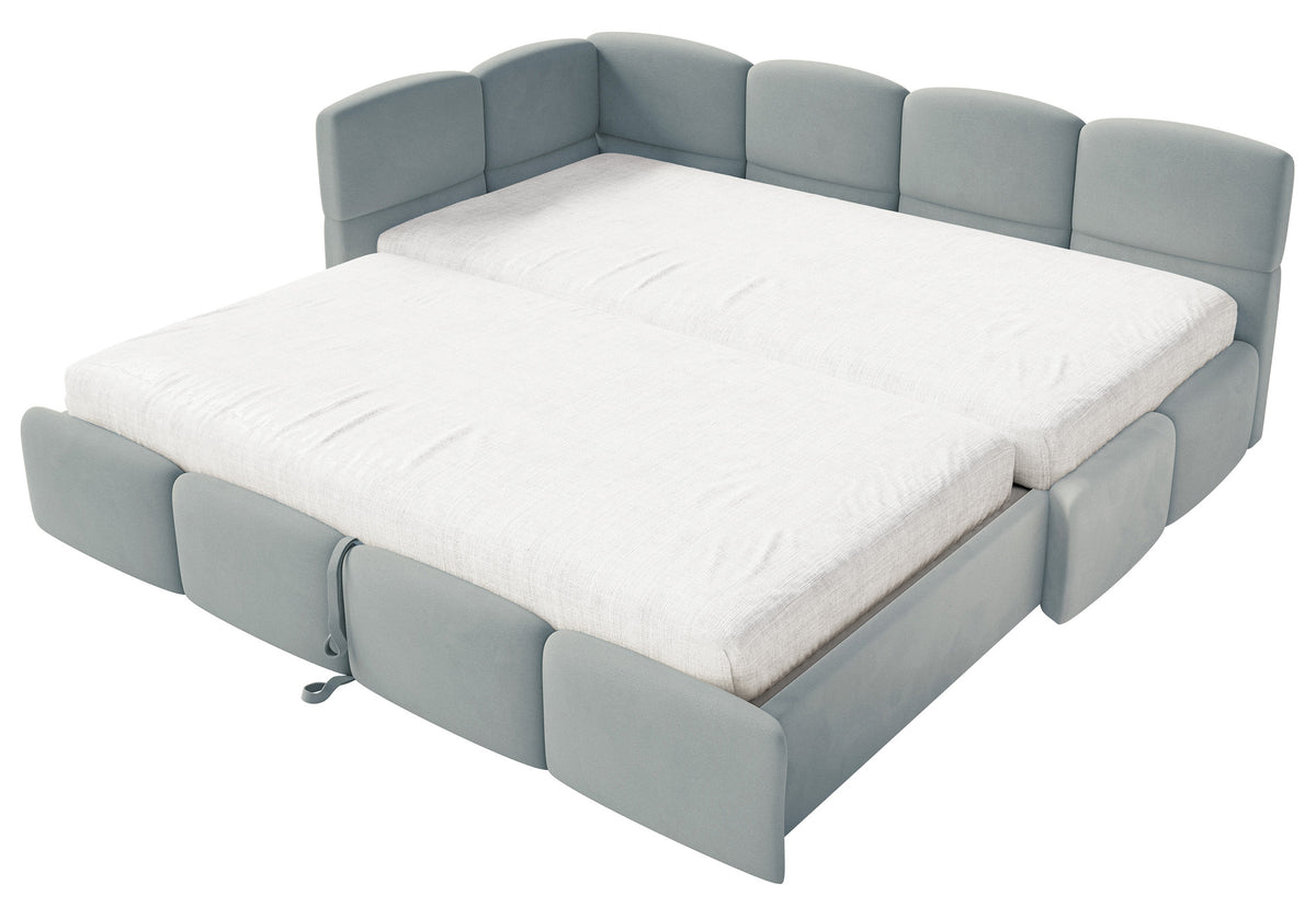 Jugendbett 90x200 cm Cloudy, links ausziehbar, mit Matratzen, grauer Velours, wasserabweisend und pflegeleicht