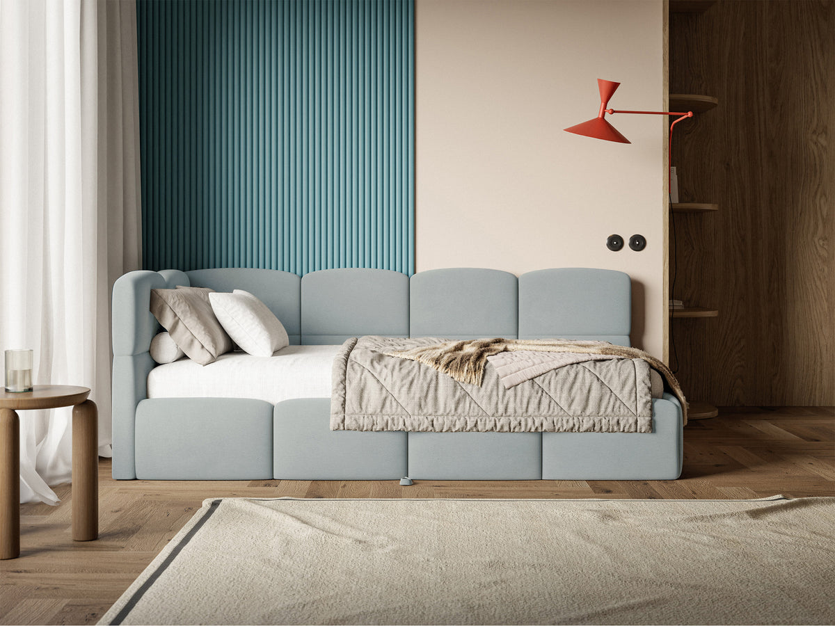Jugendbett 90x200 cm Cloudy, links ausziehbar, mit Matratzen, grauer Velours, wasserabweisend und pflegeleicht