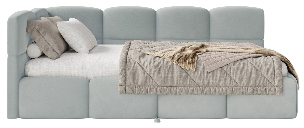 Jugendbett 90x200 cm Cloudy, links ausziehbar, mit Matratzen, grauer Velours, wasserabweisend und pflegeleicht
