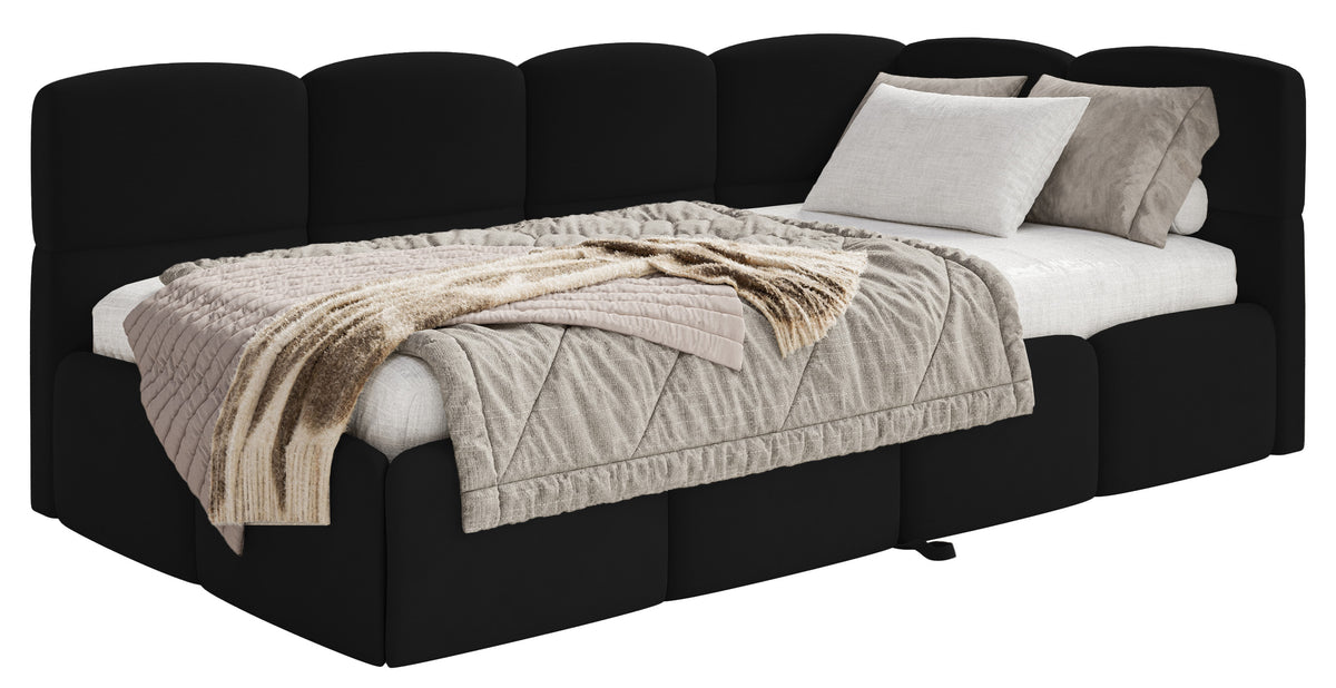 Jugendbett 90x200 cm Cloudy, rechtsseitig ausziehbar, mit Matratzen, schwarzer Velours, wasserabweisend und pflegeleicht