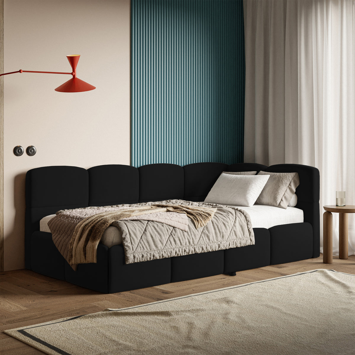 Jugendbett 90x200 cm Cloudy, rechtsseitig ausziehbar, mit Matratzen, schwarzer Velours, wasserabweisend und pflegeleicht