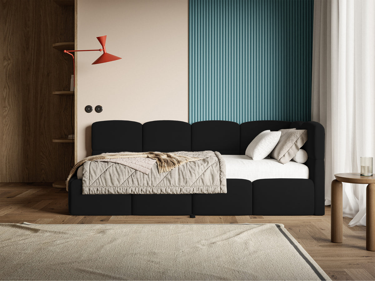 Jugendbett 90x200 cm Cloudy, rechtsseitig ausziehbar, mit Matratzen, schwarzer Velours, wasserabweisend und pflegeleicht