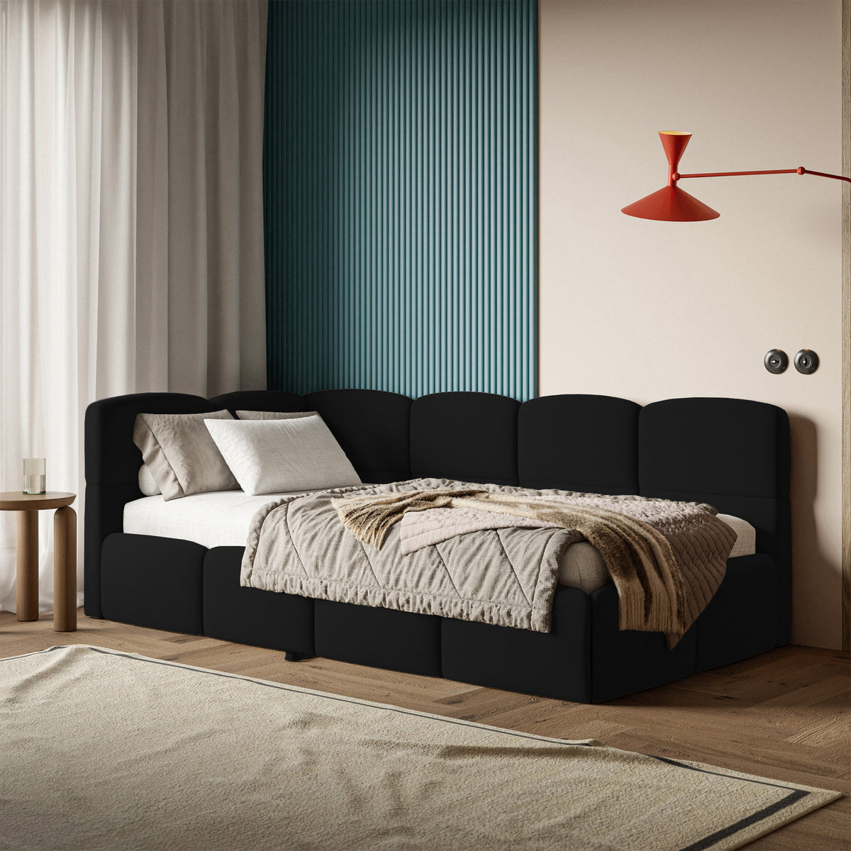 Jugendbett 90x200 cm Cloudy, ausziehbar, linksseitig, mit Matratzen, schwarzer Velours, wasserabweisend und leicht zu reinigen