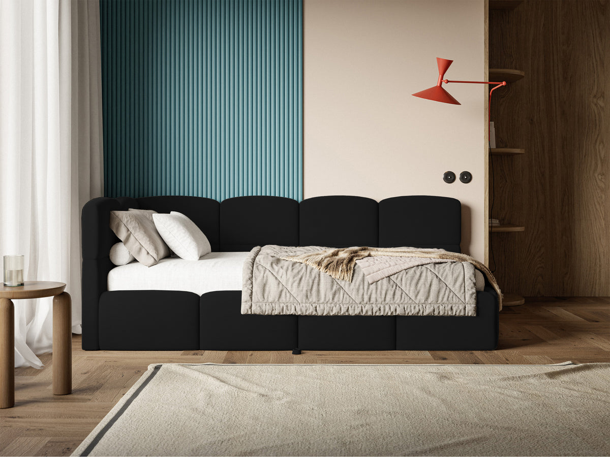 Jugendbett 90x200 cm Cloudy, ausziehbar, linksseitig, mit Matratzen, schwarzer Velours, wasserabweisend und leicht zu reinigen
