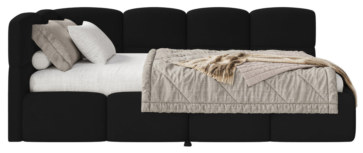 Jugendbett 90x200 cm Cloudy, ausziehbar, linksseitig, mit Matratzen, schwarzer Velours, wasserabweisend und leicht zu reinigen