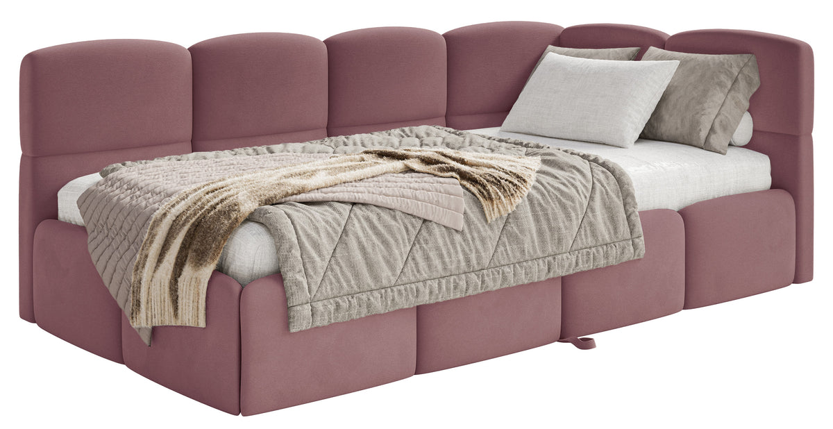 Jugendbett 90x200 cm Cloudy, rechts ausziehbar, mit Matratzen, rosa Velours, wasserabweisend und pflegeleicht