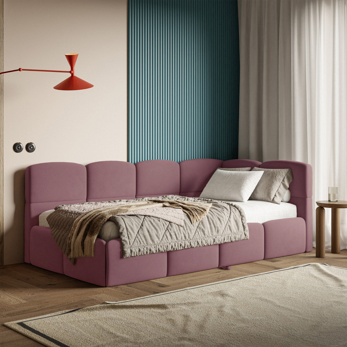 Jugendbett 90x200 cm Cloudy, rechts ausziehbar, mit Matratzen, rosa Velours, wasserabweisend und pflegeleicht
