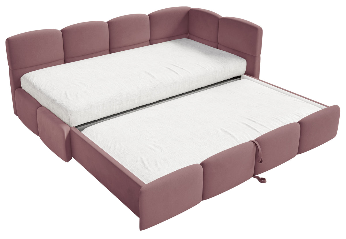 Jugendbett 90x200 cm Cloudy, rechts ausziehbar, mit Matratzen, rosa Velours, wasserabweisend und pflegeleicht