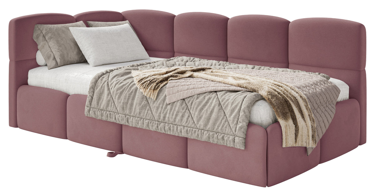 Jugendbett 90x200 cm Cloudy, ausziehbar, linksseitig, mit Matratzen, rosa Velours, wasserabweisend und pflegeleicht