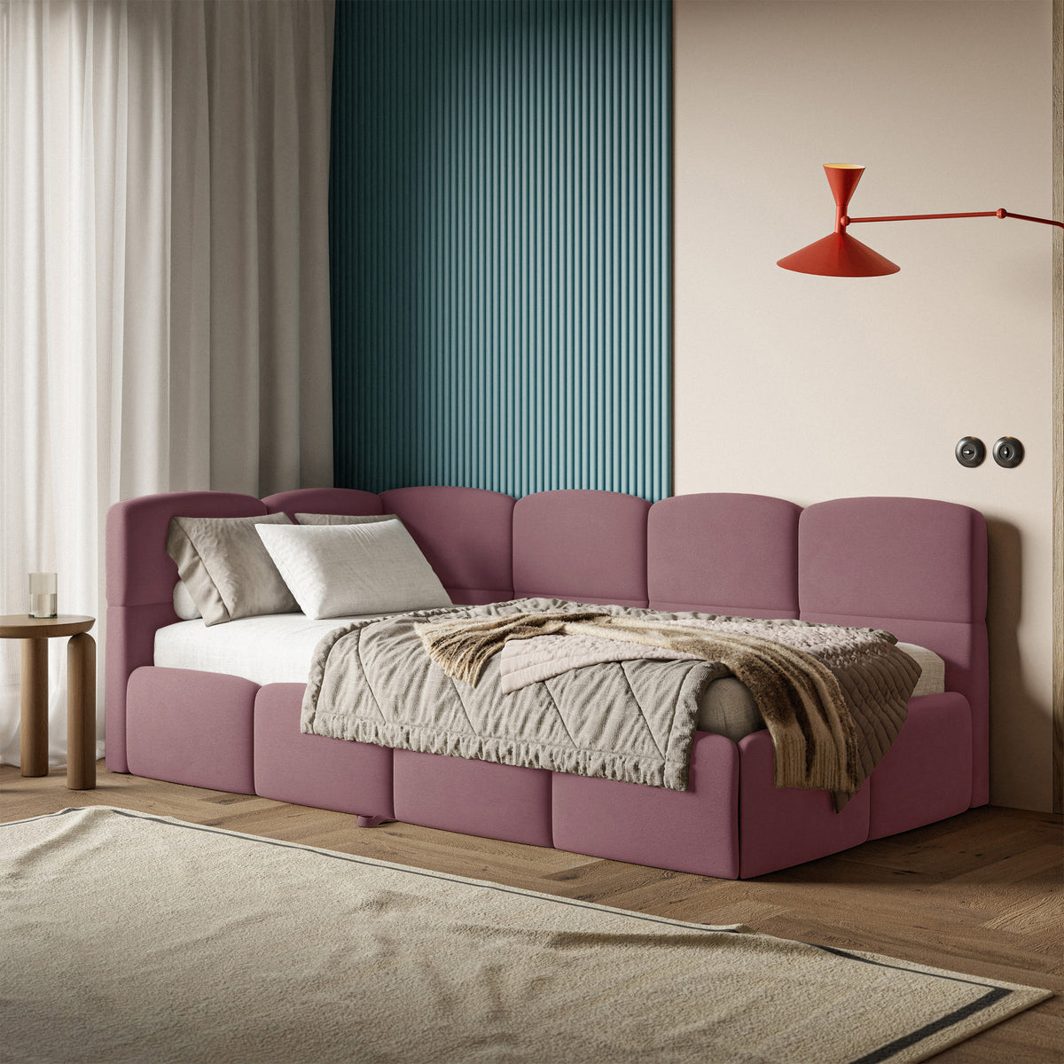 Jugendbett 90x200 cm Cloudy, ausziehbar, linksseitig, mit Matratzen, rosa Velours, wasserabweisend und pflegeleicht