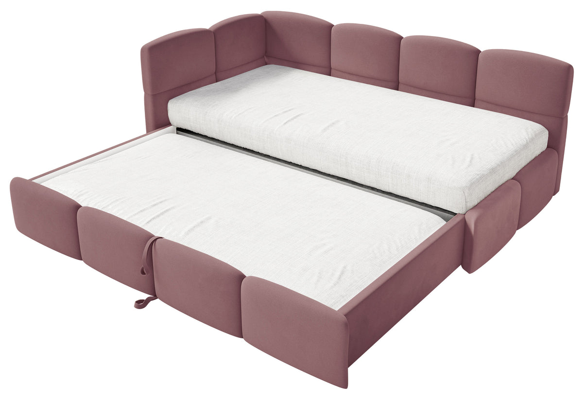 Jugendbett 90x200 cm Cloudy, ausziehbar, linksseitig, mit Matratzen, rosa Velours, wasserabweisend und pflegeleicht