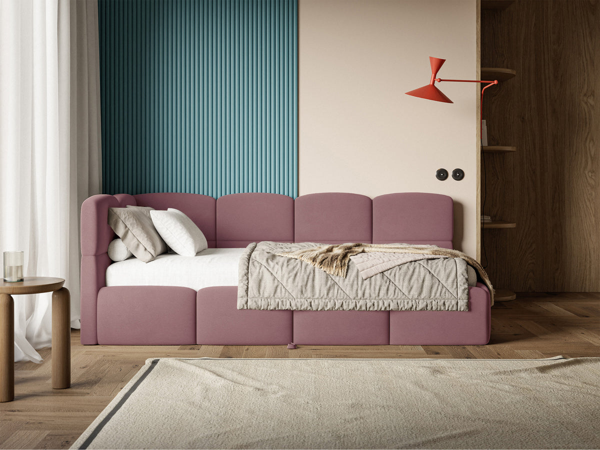 Jugendbett 90x200 cm Cloudy, ausziehbar, linksseitig, mit Matratzen, rosa Velours, wasserabweisend und pflegeleicht