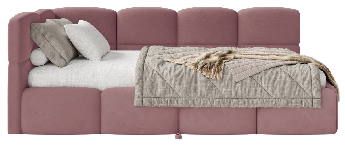 Jugendbett 90x200 cm Cloudy, ausziehbar, linksseitig, mit Matratzen, rosa Velours, wasserabweisend und pflegeleicht